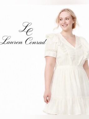 NWOT. LC Lauren Conrad V-Neck Ruffle White Dress. Sweet & simple.Women XXL.